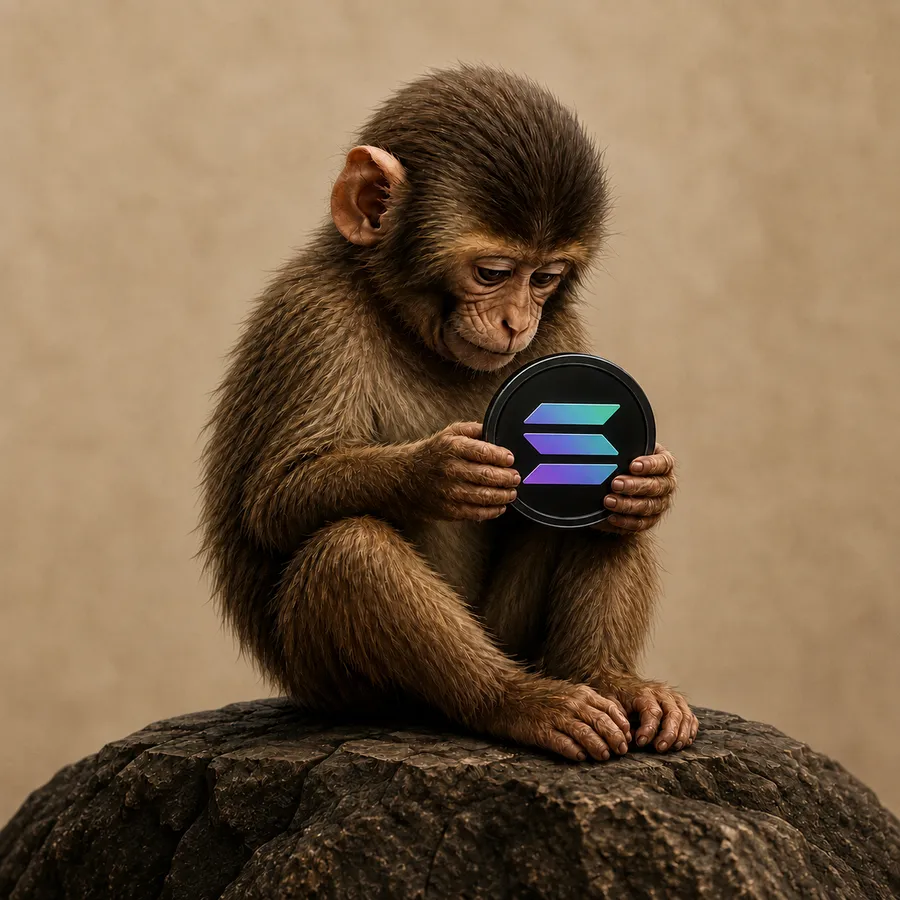 Close crop of the baby ape studying the black Solana token in its hands.